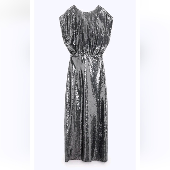 Zara SEQUIN SILVER LONG  DRESS GOWN Size S - Picture 11 of 16